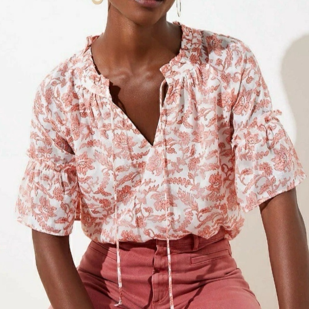 Loft floral coral ruffle cuff top, XSM - Picture 1 of 10